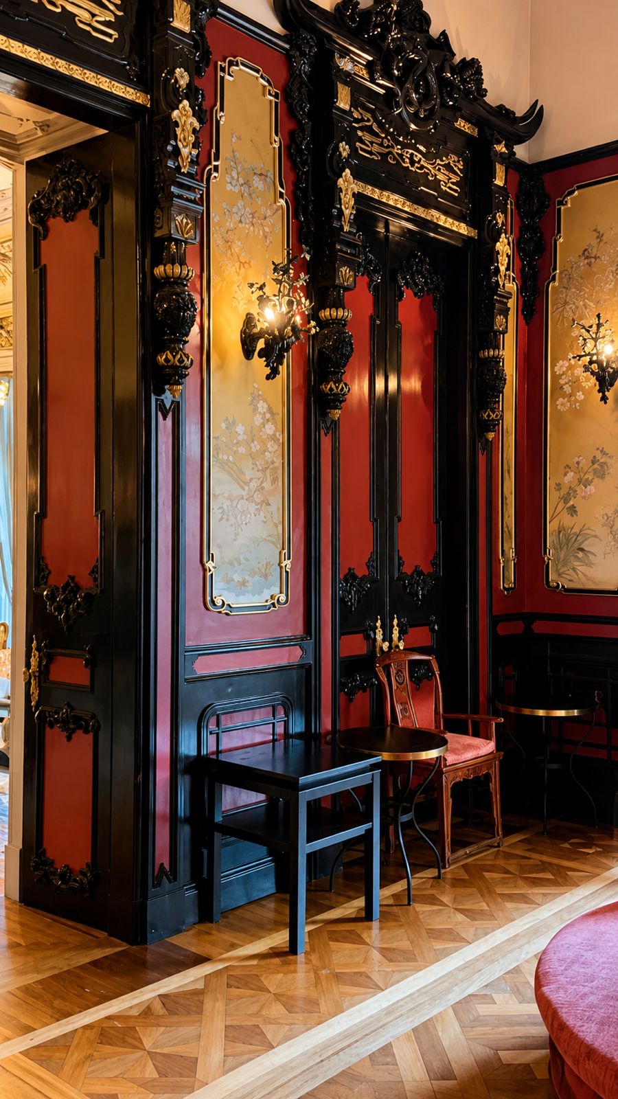 Ornate Lisbon interior with red lacquered walls and gilded panels