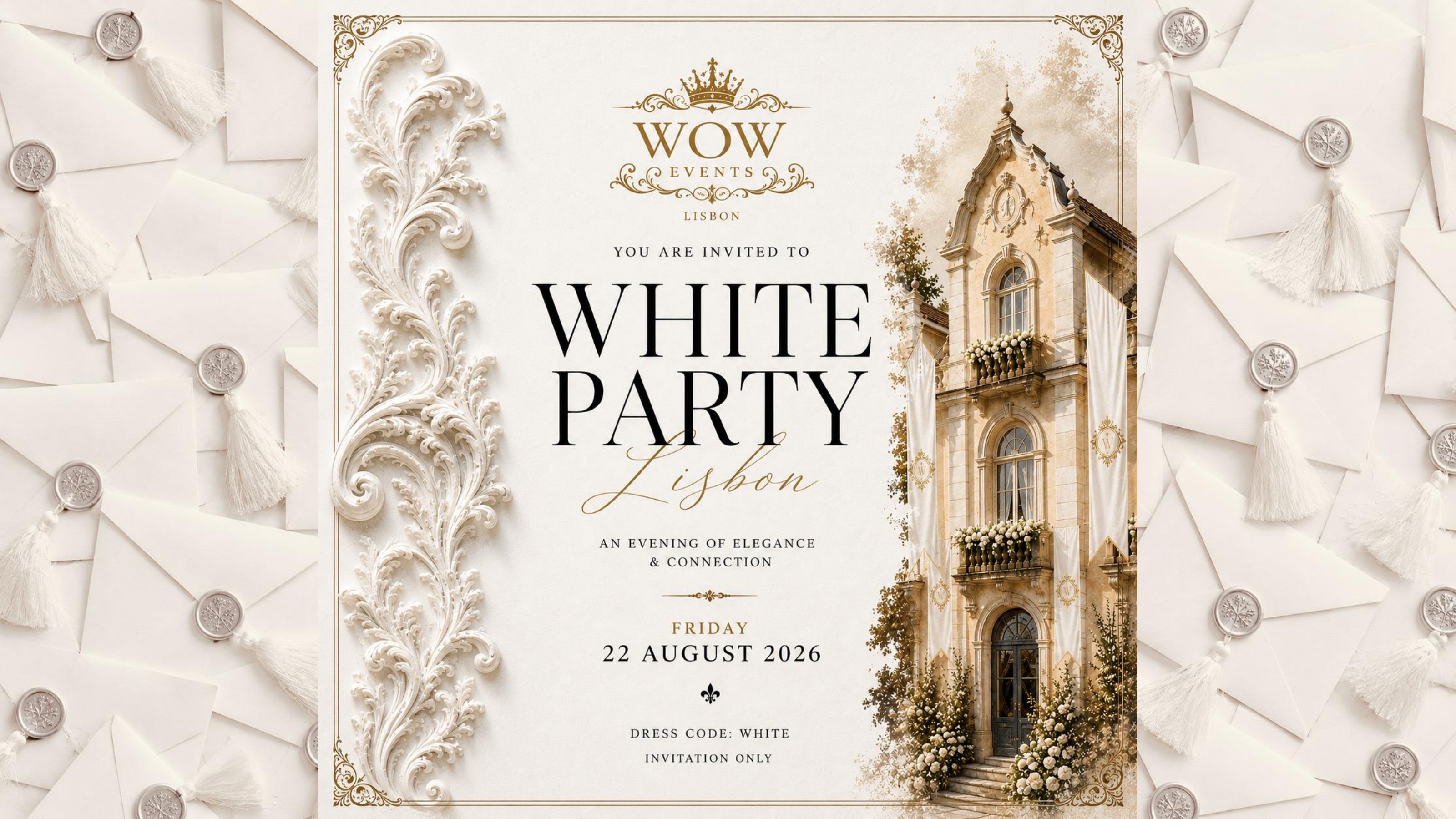 WOW White Party Lisbon — 22 August 2026 invitation cover